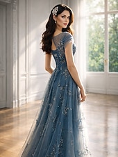 billiga Långa klänningar och gowns-A-linje Golvlång Balklänningar Elegant Kortärmad Prydd med juveler Bröllopsgäst Bröllopsfest Tyll med Plisserat Applikationsbroderi