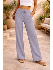 cheap Bottoms-Women's Linen-feel Pants Summer Pants Vacation Basic Full Length Medium Waist Plain Drawstring Comfort Micro-elastic Daily Blue Depression Green Apricot Grey Summer Spring