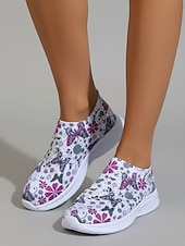 cheap Women's Sneakers-Women's Purple Butterfly Floral Print Sneakers, Breathable Knit Rhinestone Slip On Shoes, Comfortable Casual Walking Shoes for Daily, Vacation &amp; Weekend