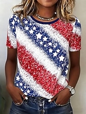  アメリカ独立記念日 女性用 Tシャツ プリント フラワー グラフィック フラッグ ヴィンテージ スタイリッシュ クラシック 半袖 クルーネック ラウンドネック レギュラートップス カジュアル 日常 ホワイト ルビーレッド 夏 春