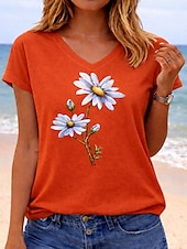 cheap Floral tee-Women's T Shirt Print Graphic Letter Soccer Team Stylish Classic Casual Short Sleeve V Neck Regular Tops Casual Daily Blue Green with beige White Orange Summer Spring