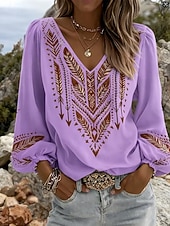 baratos Arte &amp; Design Blusas-Mulheres Camisa Social Gráfico Geométrica Estampado Cashemere Boêmia Férias Vintage Manga Longa Decote V Tops regulares Diário Feriado Para Noite Azul Branco Azul Marinha Castanho Claro Roxo Verão