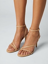 abordables Sandalias de tacón-Sandalias de tacón de aguja color nude con tiras para mujer: elegantes tacones minimalistas para cócteles.
