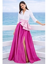 abordables Vestidos de Noche en A-Corte A Hasta el Suelo Vestido Derby Vestidos de noche Corte Cenicienta Vestimenta formal Elegante Split High Manga 3/4 Cuello Camisero Boda Formal Cinturón / Faja Satén con Lazo(s) Abertura