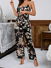 voordelige Slaaptops en -broeken voor dames-Dames Loungewear Pyjamaset Modieus Eenvoudig Casual Grafisch Satijnen zijden pyjama's Elastische taille Pantalon Huis Vakantie Mouwloos V-hals Zwart Lente Herfst Normale pasvorm