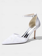 baratos Convidado do casamento-Sapatos de salto agulha bordados em azul marinho para mulheres – elegantes sapatos de festa com tira no tornozelo.