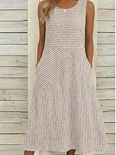 Damen Midikleid Freizeitkleid Gestreiftes Kleid A Linie Kleid Elegant Mode Täglich Urlaub Normale Passform Gestreift Ärmellos Rundhalsausschnitt Blau Schwarz Khaki Sommer Frühling