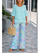cheap Women's Blouse Suits-Women's Pants Sets Half Sleeve Butterfly Sleeve Round Neck Floral Graphic Elegant Vacation Casual Daily Beach Blue Pink Purple Spring &amp; Summer Loose Fit