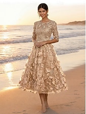 cheap Cocktail Dresses-A-Line Tea Length Lace Dress Cocktail Dresses Elegant Vintage Floral Half Sleeve Crew Neck Garden Party Wedding Pocket Satin Tulle with Embroidered Flower Appliques