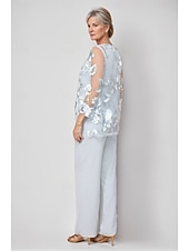 cheap Mom's Pant Suits-Jumpsuit Pantsuit 3 Piece Floor Length Mother of the Bride Dress Long Sleeve Crew Neck Elegant Formal Wedding Guest Chiffon Wrap Included with Lace Embroidery