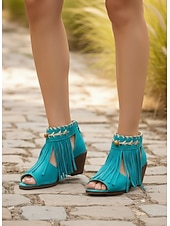 baratos Sandálias de salto-sandálias femininas peep-toe com franjas estilo bohemiao azul e salto bloco – sapatos de verão abertos no estilo western para festivais de música e passeios casuais