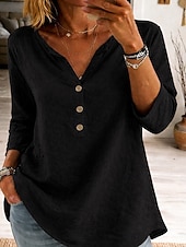 abordables Blusas Sencillas-Mujer Blusa Encaje Botones Color sólido Elegante Casual Manga 3/4 Escote en Pico Tops regulares Diario Azul Piscina Negro Blanco Rosa Naranja Primavera Otoño