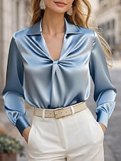 abordables Blusas Sencillas-Mujer Top de satén Blusa Tops de Seda Frunce Plano Elegante Diario Casual Manga Larga Escote en Pico Cuello Camisero Tops regulares Diario Negro Blanco Azul cielo Púrpula Claro Albaricoque Primavera