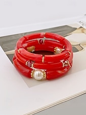 billige Damearmbånd-Bohemsk 3-delt armbåndssett i akryl for kvinner, elastiske, stabelbare armbånd, perfekt for strandferie, hverdagsbruk og sommertilbehør