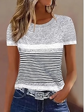 billiga Randig och geometrisk t-shirt-Dam T-shirt Färgblock Mönster Grafisk Geometrisk Randig Vintage Mode Stylish Kortärmad Rund hals Vanliga toppar Dagligen Blå Gul Brun Grå Sommar Vår