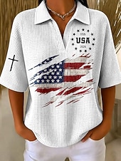  American Independence Day Women's Waffle T-shirt Textured Knit Tops Graphic American Flag Elegant Vintage Stylish Half Sleeve Polo Collar Regular Tops Casual Daily White Yellow Red Green Gray Summer
