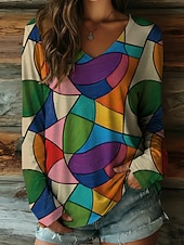 baratos Camiseta de Arte &amp; Design-Mulheres Camiseta Imprimir Gráfico Geométrica Bloco de cor à moda Casual Manga Longa Decote V Tops regulares Diário Arco-íris Primavera Outono