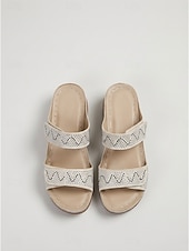 abordables Mujeres-Sandalias blancas de cuña cómodas para mujer: sandalias planas con doble tira adornadas con brillantes pedrería y suela de plataforma ortopédica para resorts al aire libre y vacaciones en la playa.