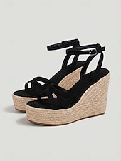 abordables Sandalias de cuña-Sandalias de cuña tipo alpargata para mujer, sandalias de plataforma con tiras y hebilla en el tobillo, zapatos bohemios de verano para la playa, cruceros y vestidos.