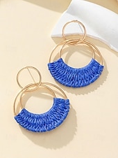 cheap Women's Earring-Women's Bohemian Woven Hoop Earrings, Alloy Rattan Style Statement Round Earrings in Multiple Colors for Beach Vacation Travel, Resort Wear and Everyday Casual Summer Jewelry