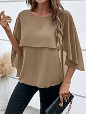 baratos Blusas Simples-Mulheres Blusa Franzido Côr Sólida à moda Básico Casual Manga 3/4 Gola Redonda Tops regulares Diário Azul Preto Rosa Vermelho Camelo Verão Primavera Outono