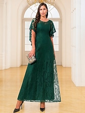 billige Gulvlengde-A-Linje Gulvlengde Bryllupsgjestkjole Formelle Kjoler Kveldsdrakt Mor til bruden Kjole Kortermet Rundhals Elegant Vintage Fest Blonde med Blonde