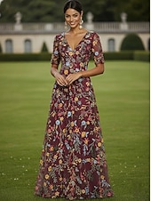  А-силуэт Платья В пол Платье для вечеринки Коктейльные платья Платье для матери невесты Рукав до локтя V-образный вырез Элегантный стиль Винтаж Роскошный Официальные Свадебный гость Дерби в Кентукки