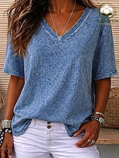 cheap Basic Women's Tops-SoftFade™ Women's 100% Cotton T Shirt Cotton Acid Wash Vintage Fashion Stylish Short Sleeve V Neck Regular Tops Casual Daily Going out Blue Purple / Blue Black Purple Orange Summer Spring
