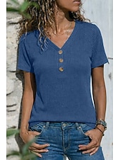 abordables Camiseta lisa-Mujer Camiseta Tops de punto gofre Camiseta superior Botones Color sólido Moda Elegante Clásico Manga Corta Escote en Pico Tops largos Diario Noche Fin de semana Azul Piscina Amarillo Rosa Verde