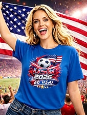 preiswerte Weltfußballspiel-Damen-Fußball-T-Shirt mit Grafikprint, stylisch, klassisch, lässig, Kurzarm, Rundhalsausschnitt, normale Passform, Oberteil für Freizeit, Sport, blau, schwarz, weiß, rot, grün, Sommer, Frühling