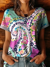 economico T-shirt floreale-Per donna Maglietta Stampato Floreale Grafico Vintage Elegante Casual Manica Corta Girocollo Top Regolari Casuale Quotidiano Viola Verde Estate Primavera