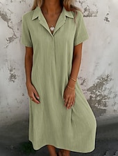 cheap Dresses-Women's Midi Dress Casual Dress Cotton Linen Dress Elegant Fashion Modern Outdoor Vacation Going out Regular Fit Plain Short Sleeve Shirt Collar Blue Black Orange Green Summer Spring