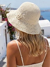 billiga Kvinnors hattar-Dam bohemisk sommarhatt, andningsbar polyester, 3D-blomdekoration, flerfärgad, solhatt med brett brätte för strandsemester, vardagskläder