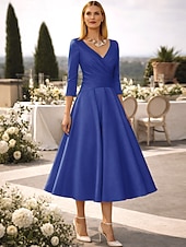 preiswerte Cocktailkleider-A-Linie Tee-Länge Cocktailkleider Partykleider Elegant Vintage Übergröße Dreiviertelarm V Ausschnitt Hochzeitsgast Satin mit Falten