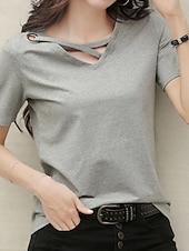 tanie gładka koszulka-Damskie Podkoszulek Koszulka Przekrój krzyżowy z otworem Równina Moda Elegancki Klasyczny Krótki rękaw W serek Zwykłe topy Codzienny Wyjściowe Weekend Czarny Biały Żółty Rumiany róż Zielony Lato