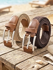 preiswerte Herrengürtel-Geflochtener Herren-Stretchgürtel mit Kunstlederbesatz, verstellbarer, gewebter Freizeitgürtel in verschiedenen Farben für den Alltag, Strandurlaub, Reisen und Resort-Looks