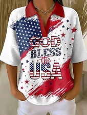  Amerykański Dzień Niepodległości Damskie Koszulka z goframi Teksturowane swetry z dzianiny Graficzny Flaga Ameryki Elegancja Zabytkowe Elegancki Rękaw 1/2 Kołnierz polo Zwykłe topy Codzienny Biały