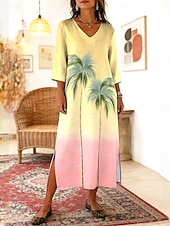 economico Abiti Boho-Per donna Abito maxi Abito Boho Abito a Tubino Vestito Estivo Abito in lino Bohemien Vacanza Etnico Spiaggia Ferie Data Vestibilità comoda Grafico Astratto Tropicale Manica 3/4 Scollo a V Blu Giallo