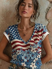  Amerykański Dzień Niepodległości Damskie Podkoszulek Nadruk Graficzny Litera Flaga Ameryki Elegancki Klasyczny Codzienny Krótki rękaw W serek Zwykłe topy Codzienny Niebieski Lato Wiosna