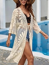 baratos Kaftans-Mulheres Roupa de Banho Cobertura roupa de banho Renda Férias Roupa de Praia Floral Manga Longa Fatos de banho