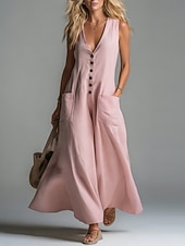 preiswerte Kleider-Damen Maxikleid Kleider in Leinenoptik Shiftkleid Sommerkleid Lässig Täglich Normale Passform Einfach Ärmellos V Ausschnitt Schwarz Weiß Rosa Aprikose Sommer