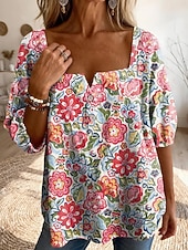 economico Bluse Floreali-Per donna Blusa Stampato Floreale Grafico Quotidiano Elegante Casual Mezza Manica Collo quadrato Top Regolari Casuale Quotidiano Blu Giallo Rosso Viola Estate Primavera