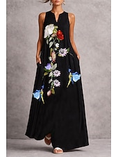 voordelige Bloemenjurken-Dames Lange jurk maxi-jurk Zonnejurk A lijn jurk Vakantie Casual Boho Feestdagen Normale pasvorm Bloemig Grafisch Mouwloos V-hals Zwart Zomer Lente