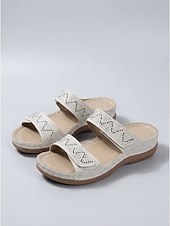 abordables Mujeres-Sandalias blancas de cuña cómodas para mujer: sandalias planas con doble tira adornadas con brillantes pedrería y suela de plataforma ortopédica para resorts al aire libre y vacaciones en la playa.