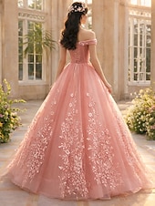 voordelige Lange Jurken en Gowns-Baljurk Vloerlengte Prom Jurken Prinses Puff Mouwloos Off Shoulder Performance Quinceanera met Apliquès