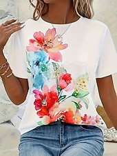 abordables Camiseta floral-Mujer Camiseta Estampado Floral Graphic Moda Elegante Clásico Manga Corta Cuello Barco Tops regulares Casual Diario Rosa Verano Primavera
