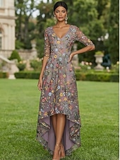 abordables Longueur de cheville-Ligne A Asymétrique Robe en Dentelle Robe de Mère de Mariée  Manche Courte Col en V Élégant ancien Formel Kentucky Derby Semi-Formel Chiffon Tulle avec Imprimé floral Fleurs 3D Noeud(s)