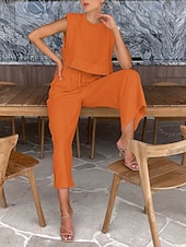 Недорогие Наборы-Women's Cotton Linen Sets Two Piece Sets Camis Sleeveless Crew Neck Plain Vacation Fashion Streetwear Casual Daily Outdoor Orange Brown Green Summer Regular Fit