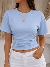 cheap Plain tee-Women's T Shirt Tee Top Ruched Solid Color Graphic Plain Fashion Stylish Classic Short Sleeve Crew Neck Round Neck Crop Tops Casual Daily Going out Black White Pink Gray Light Blue Summer Spring