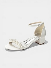 cheap Heeled Sandals-Women's Navy Pearl Embellished Chunky Heel Sandals - Elegant Ankle Strap Cocktail Party Dress Shoes